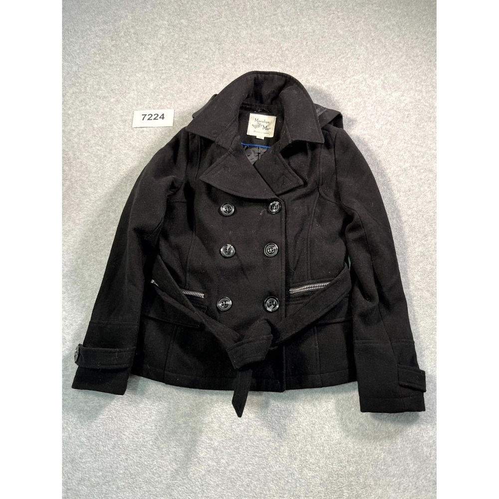 Maralyn & Me Pea Coat Womens Medium Black Hooded Belted Double Breasted Formal